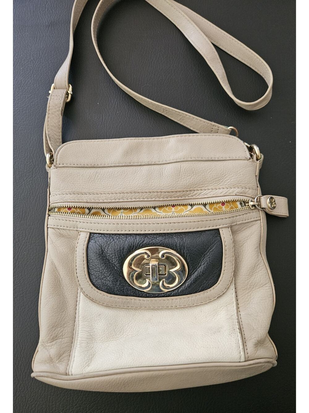 Emma Fox LEATHER Cross Body SHOULDER BAG Purse TRI COLOR Beige Black Tan